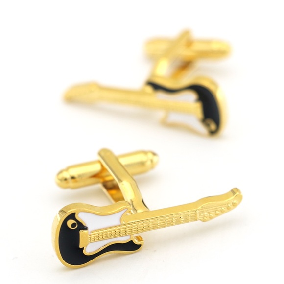 Black and white enamel electric guitar men’s cuff links - Picture 2 of 4
